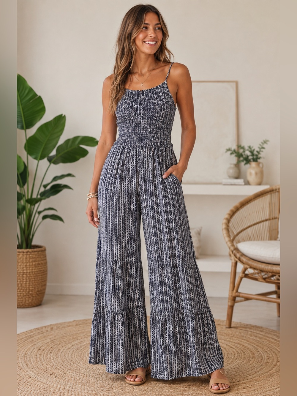 Angie Smocked Wide-Leg Jumpsuit – Navy Pattern BOHO Palazzo Sleeveless